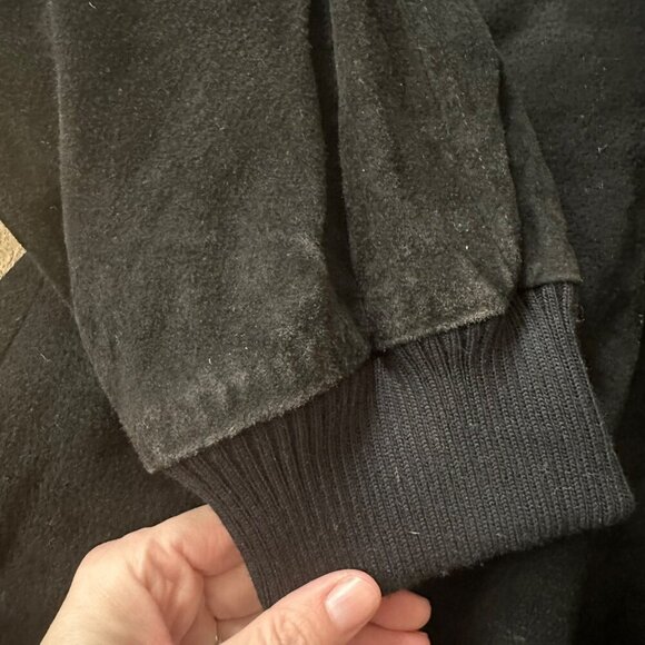 Vintage Camel Black Leather Suede Bomber Jacket With Ribbed Cuffs & Snap Buttons - Picture 5 of 12